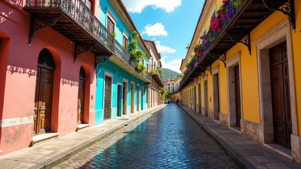 blue cobblestone streets colonial architecture