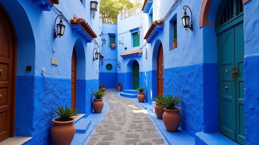 blue painted streets and waterfalls