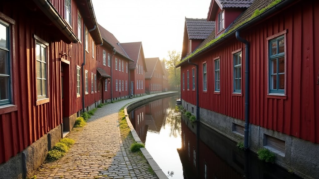 cobblestone streets red warehouses