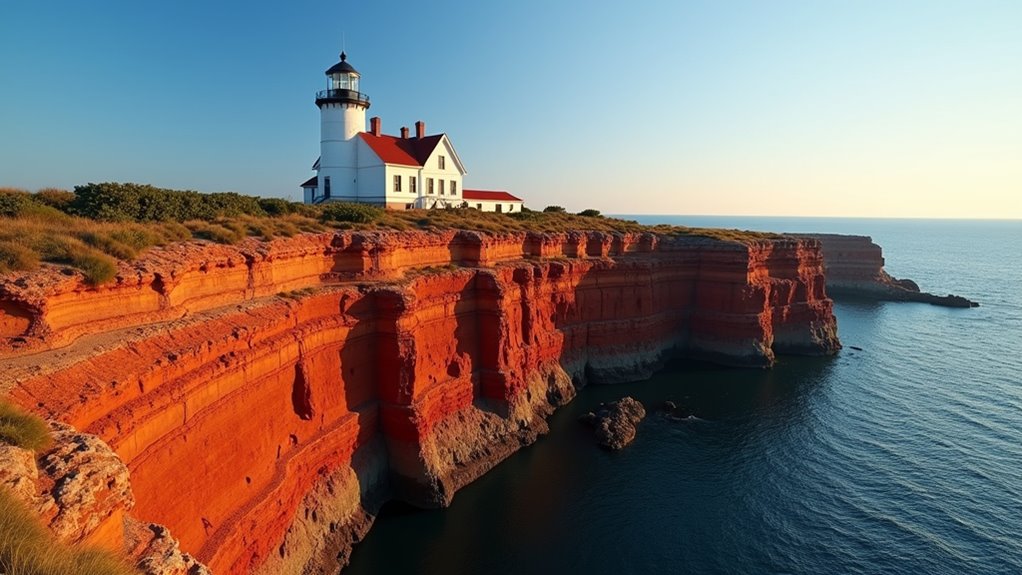colorful cliffs and historic lighthouse