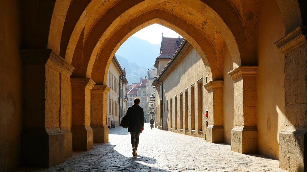 covered medieval sandstone arcades