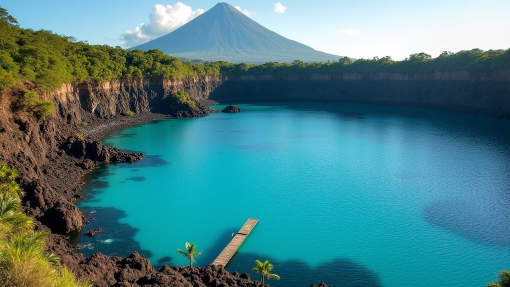 crater lake with volcanic beaches