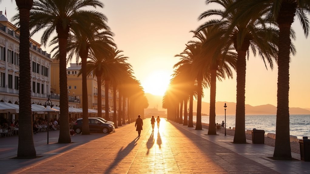 dawn strolls on empty promenade