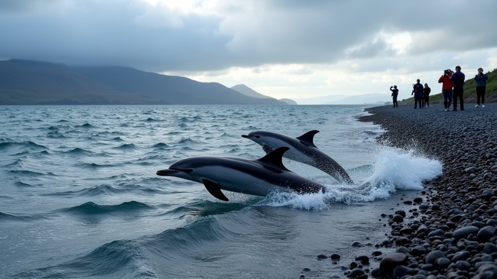 dolphins hunt near shore