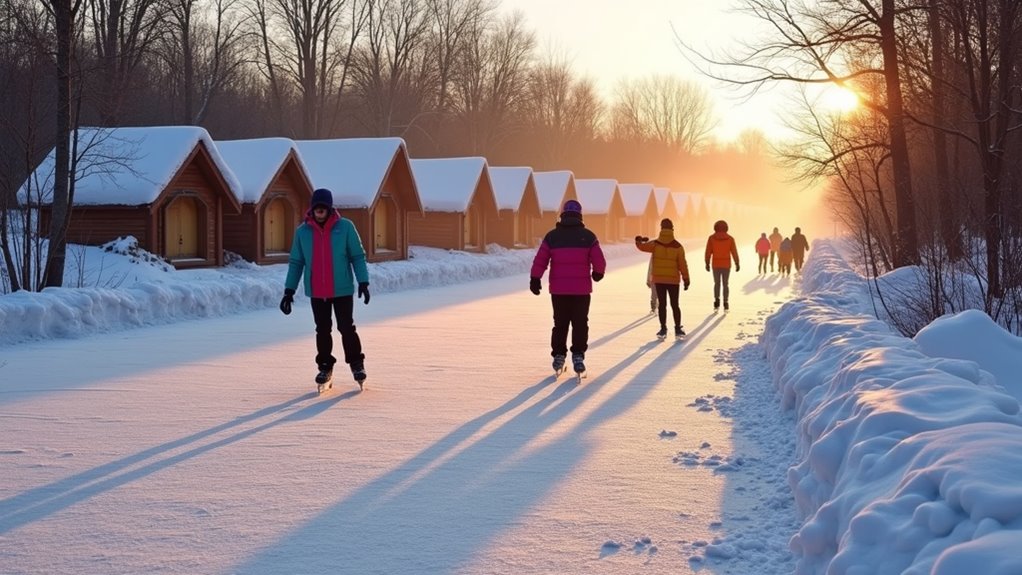 frozen skating trail with warming huts