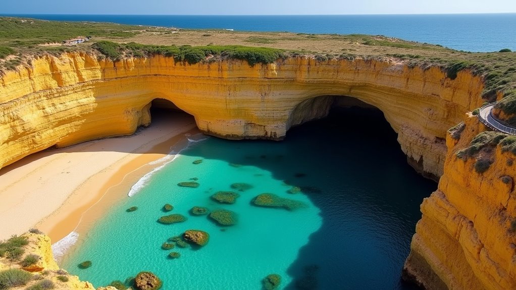 golden cliffs and sea caves