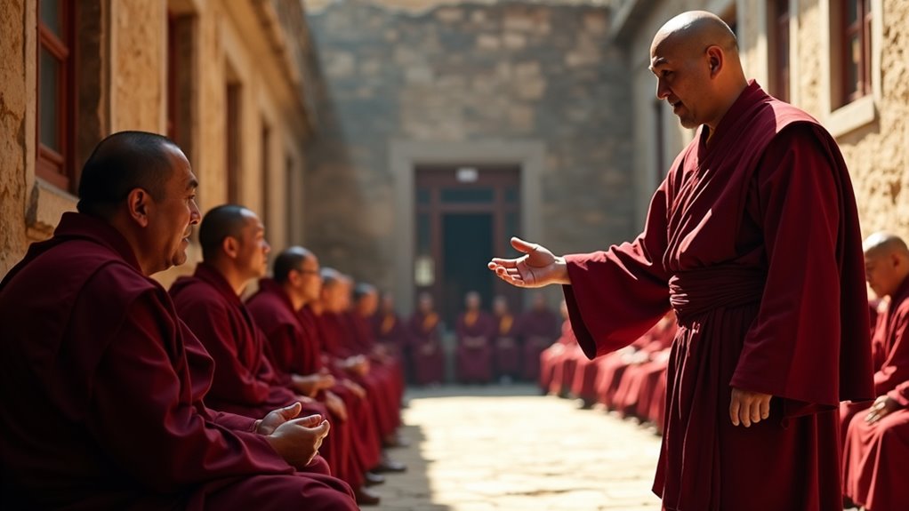 monks debate in courtyard