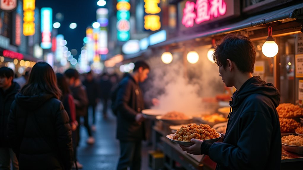 neon lit street food scene