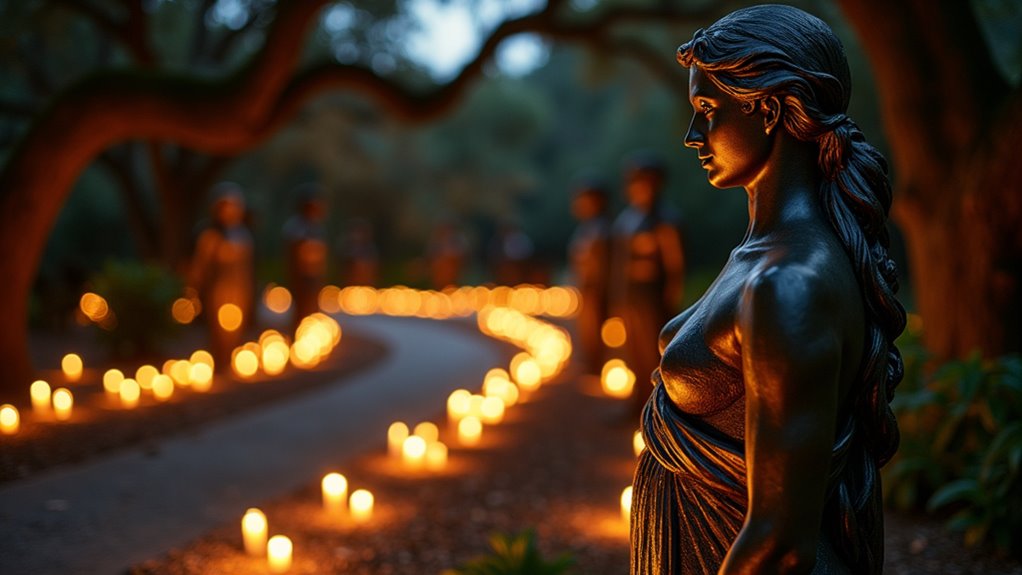outdoor sculpture gardens and festive lighting
