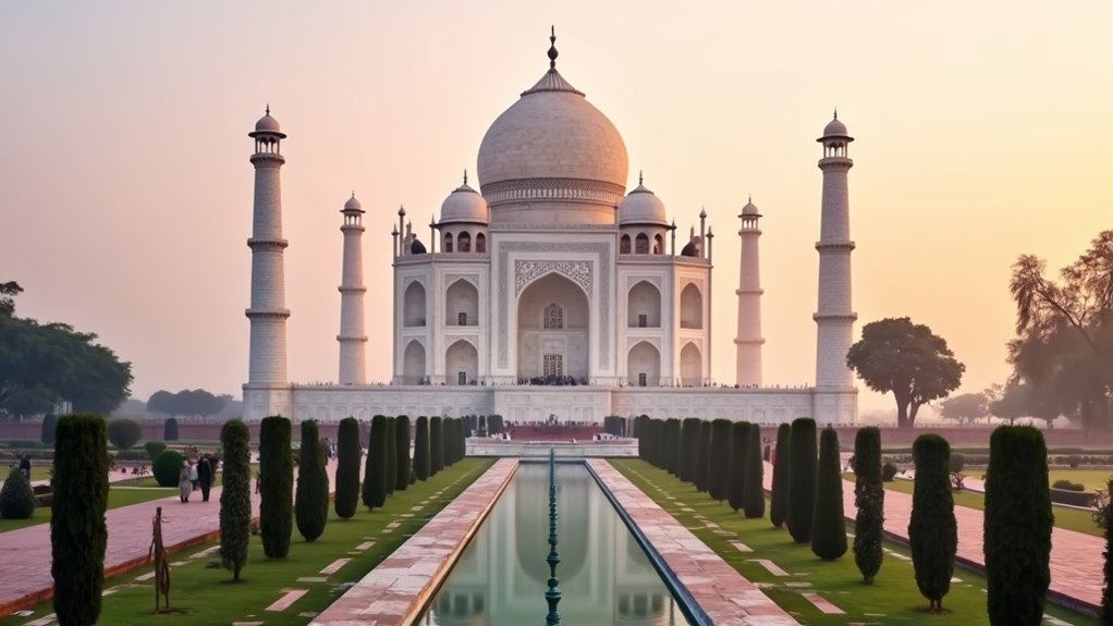 pink sunrise at taj mahal