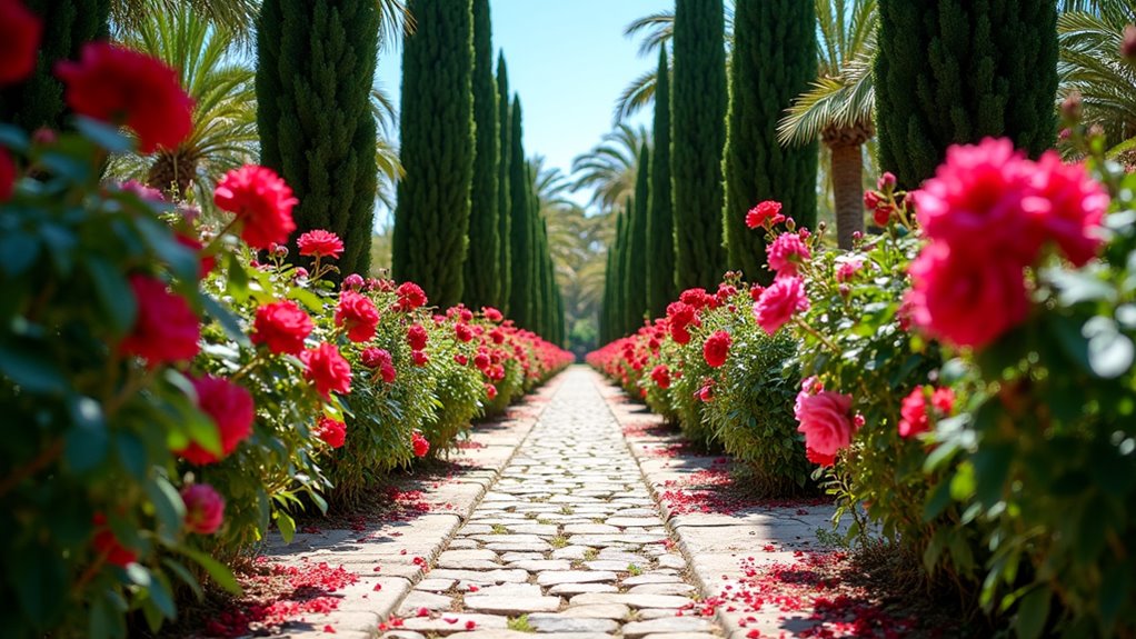 rose lined pathways and pavilion
