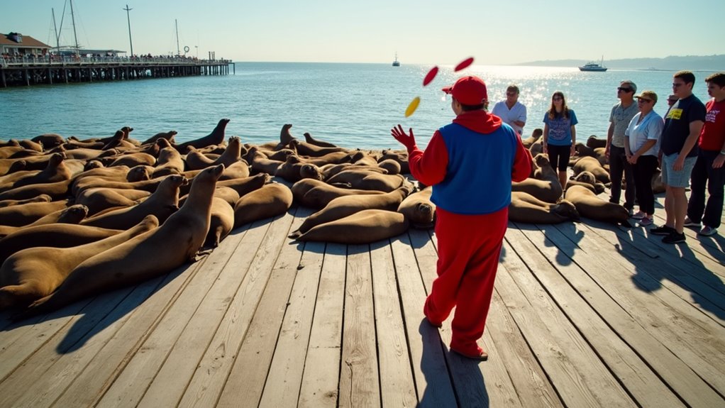 sea lions and street performers