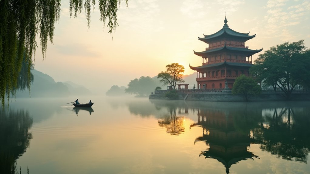 serene lake with historic temple