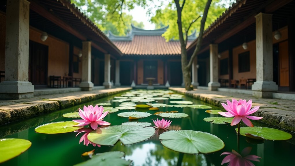 serene temple with lily pond
