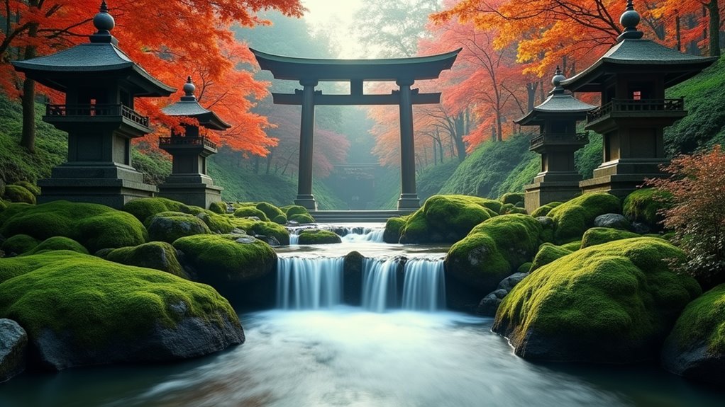 serene waterfalls and temple