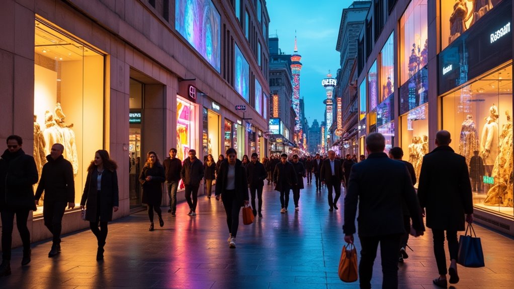 shopping crowds neon lit storefronts