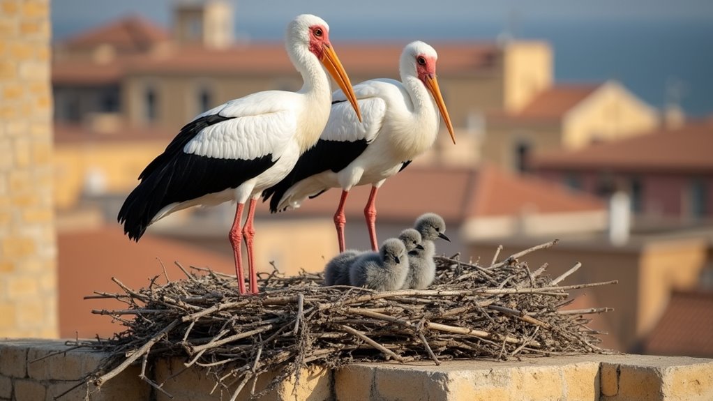 storks nesting above walls