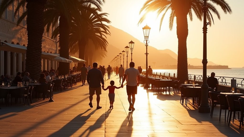 sunset promenade waterfront cafes
