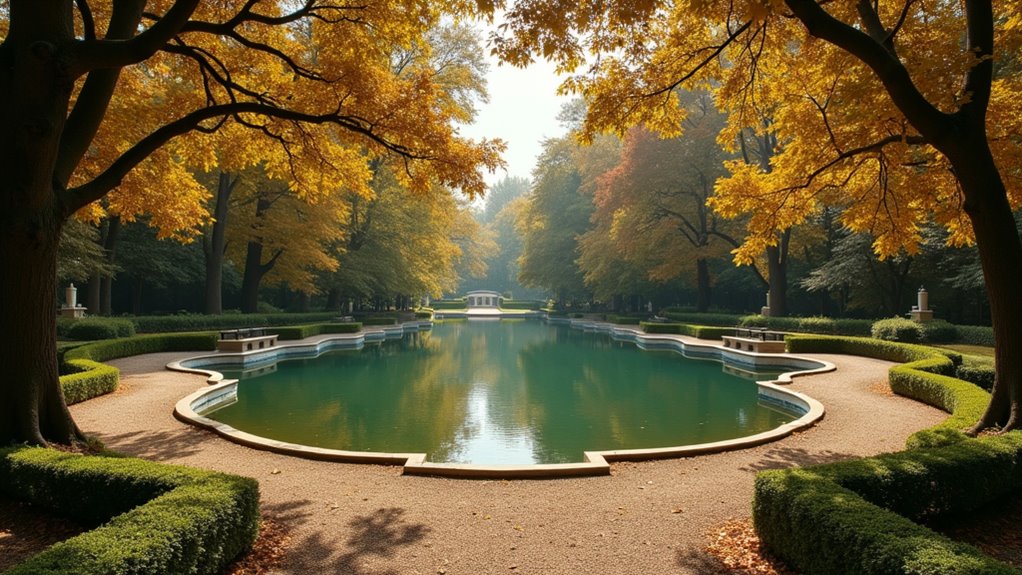 tree lined paths and lake