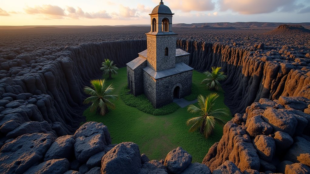 volcanic lava fields and buried church