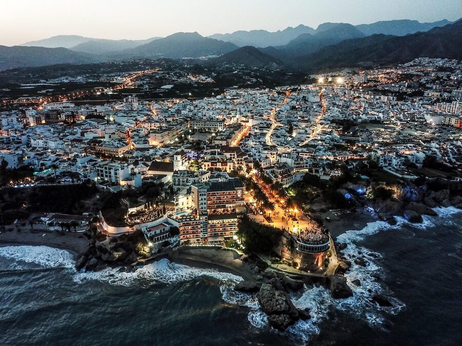 Aerial view of city coastline from helicopter