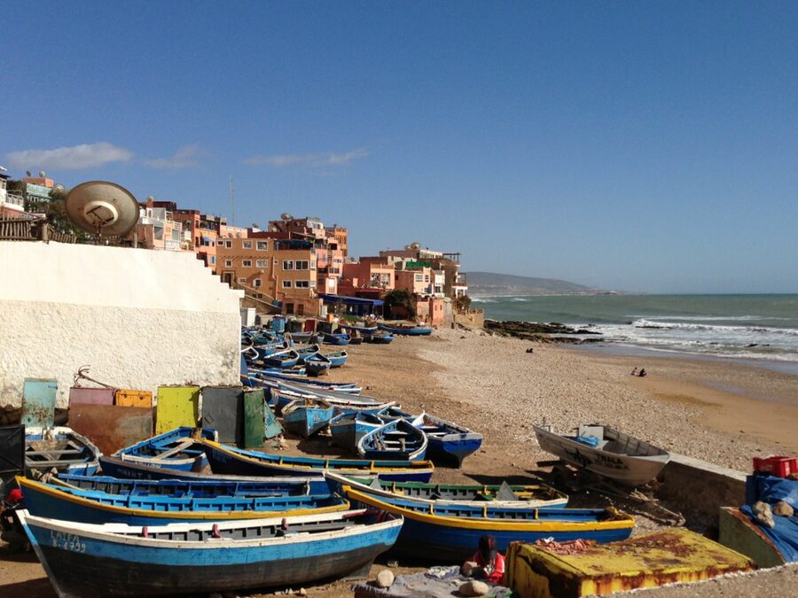 Taghazout blue fishing boats harbour
