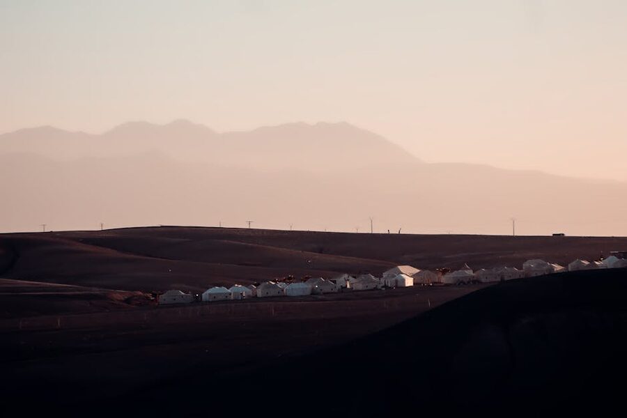 Village at sunset in Agafay Desert