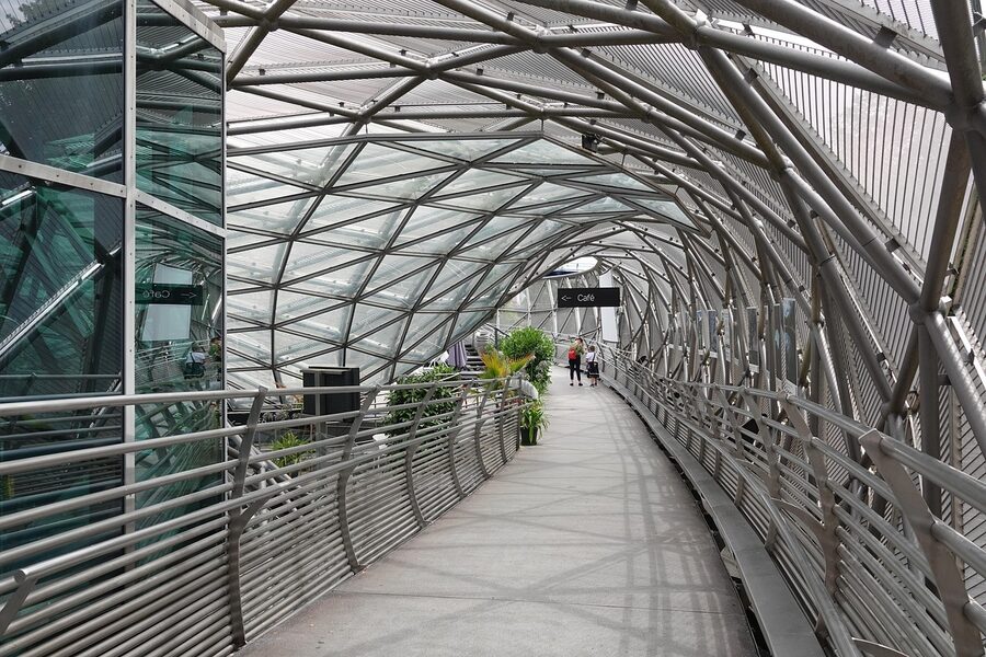 High glass walkway bridge between towers