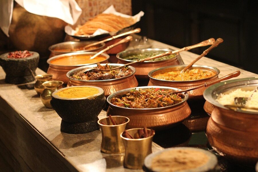 Buffet dinner spread with variety of food