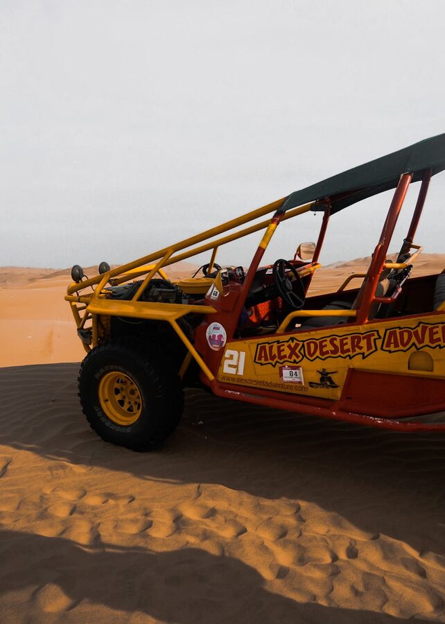 Dune buggy ride across barren desert sands