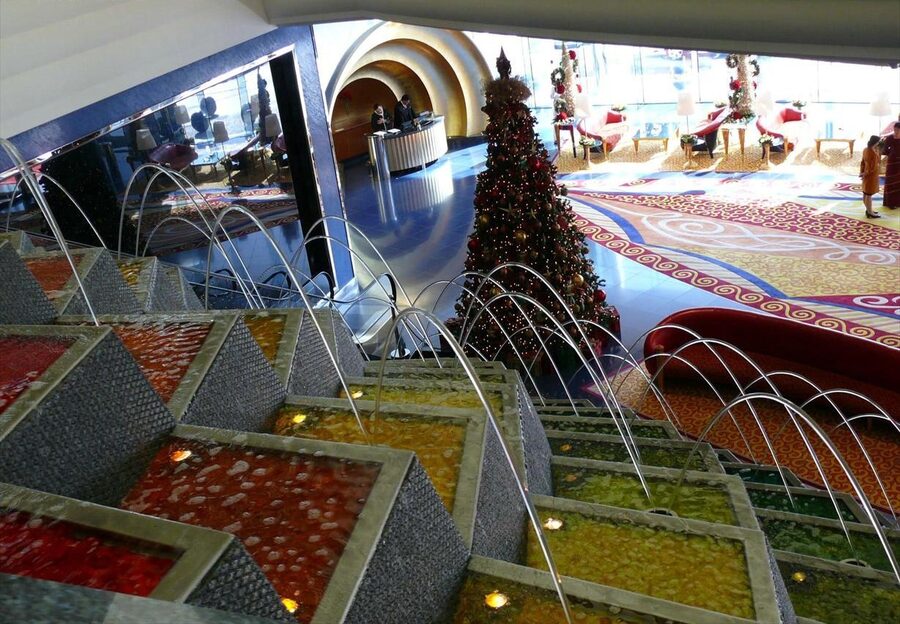 Burj Al Arab lobby with gold leaf decoration and marble floors