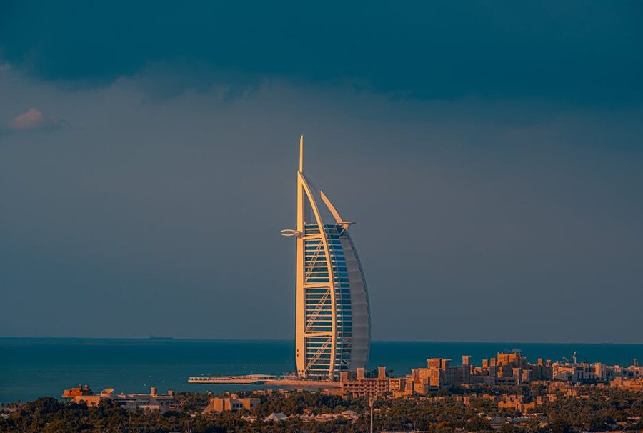 Gorgeous sunset view of the Burj Al Arab hotel in Dubai