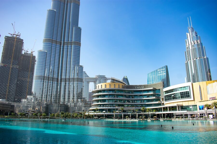 Close-up view of Burj Khalifa's modern glass and steel architecture against the sky