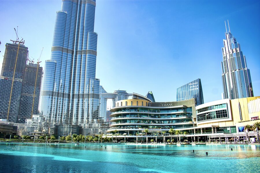 Looking straight up at Burj Khalifa from the base showing its full height