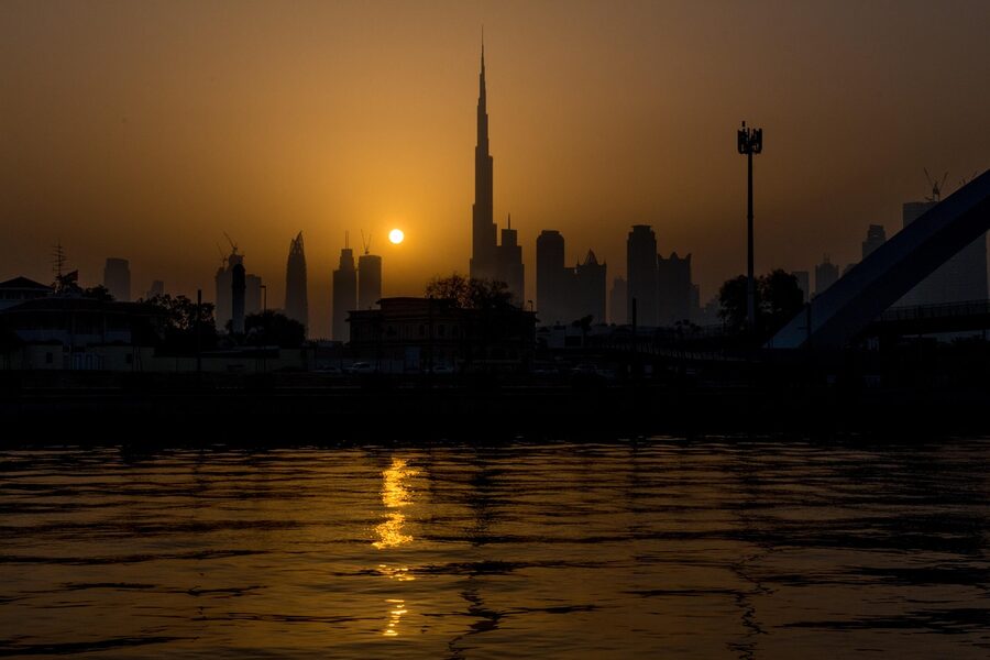 Burj Khalifa skyscraper viewed from a distance showing its full towering height
