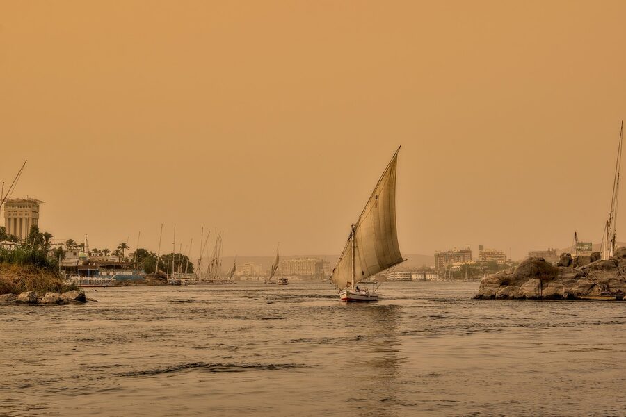 Felucca sailboat on the Nile at sunset