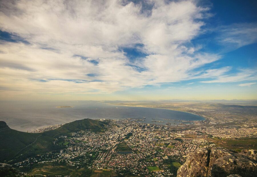 Aerial view of Cape Town coastline and mountains