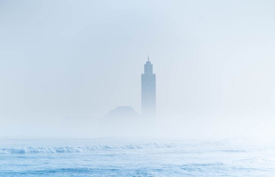 Hassan II Mosque in mist