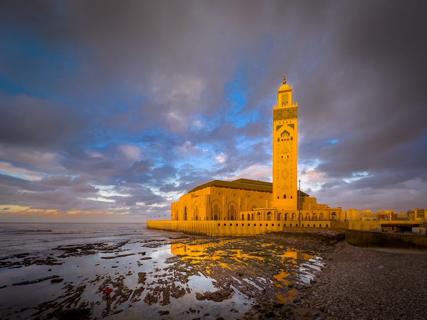 Hassan II Mosque sunset Atlantic reflection