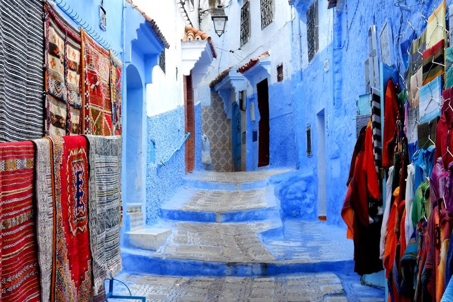 Chefchaouen alleyways textiles