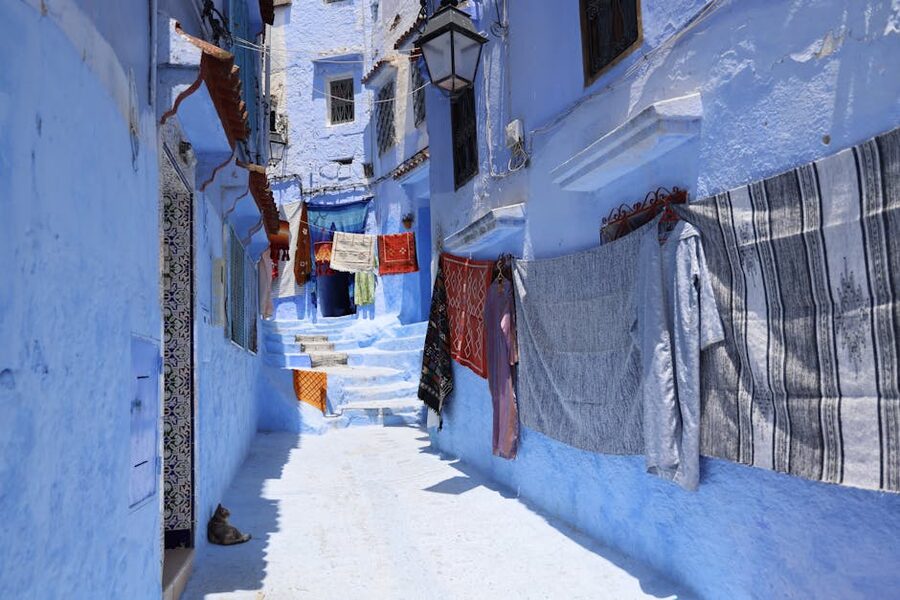 Chefchaouen blue alleyway drying clothes