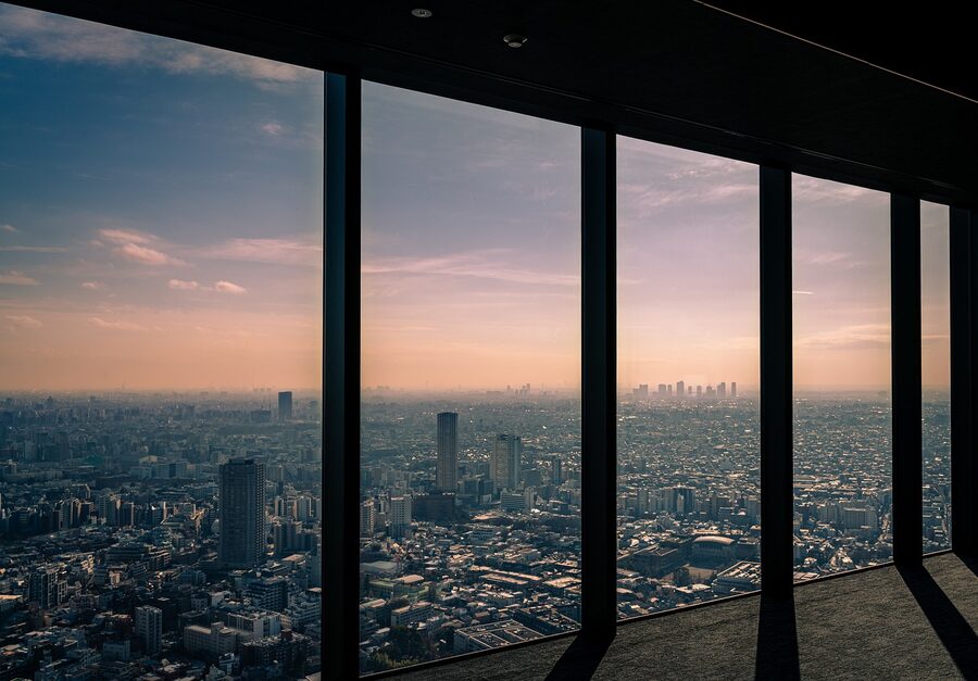 City view through high window from observation point