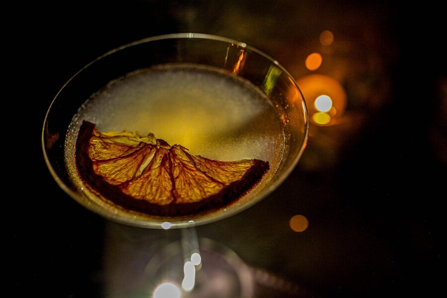 Cocktail bar with drinks served at night