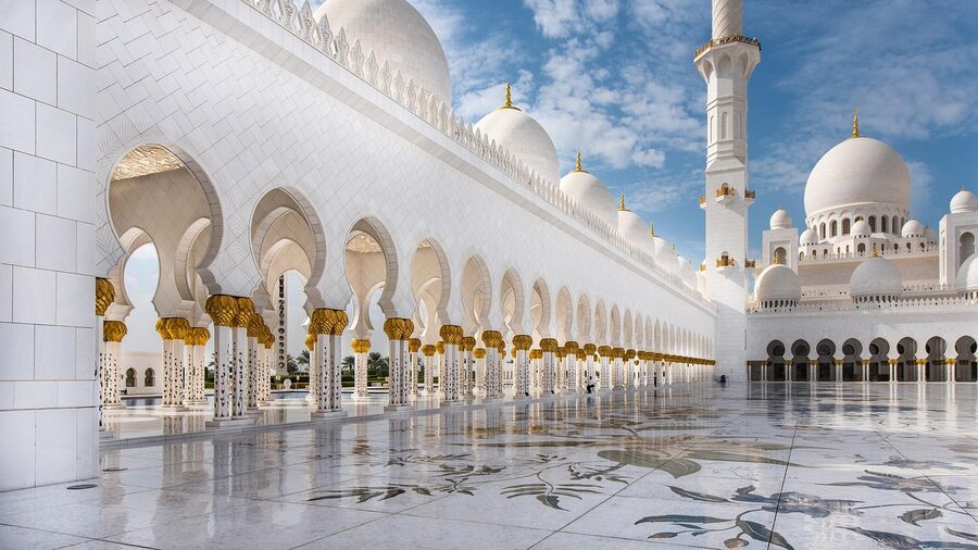 White marble courtyard of mosque with geometric patterns