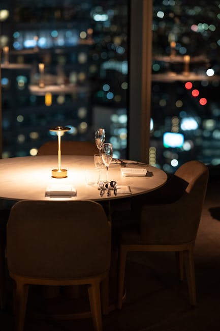 Dining table set with city view at night