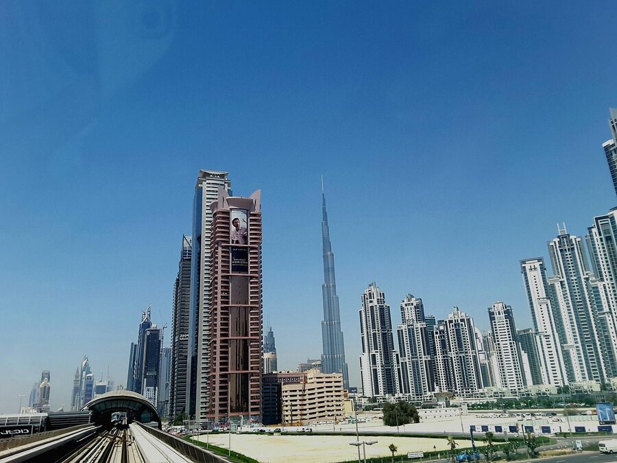 Burj Khalifa during clear daytime with blue sky in Dubai
