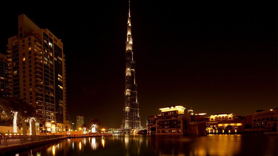 Burj Khalifa illuminated at night with light display on the facade