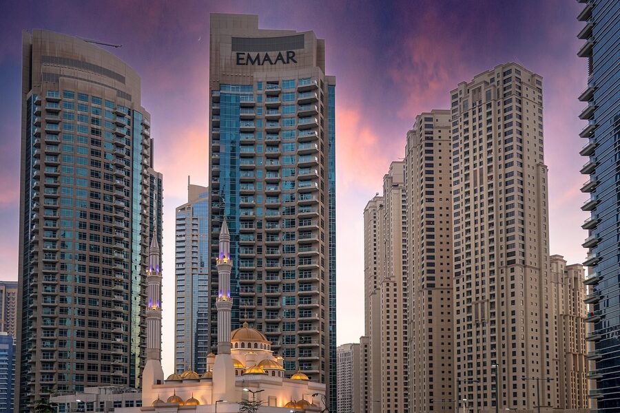 Dubai city buildings and skyline during golden sunset hour