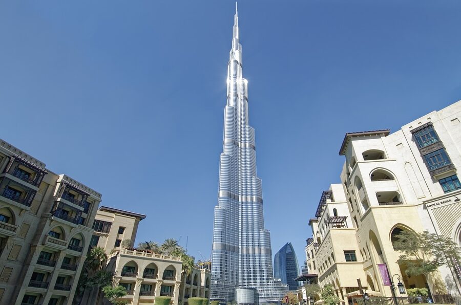 Aerial view of Dubai city with Burj Khalifa prominently visible