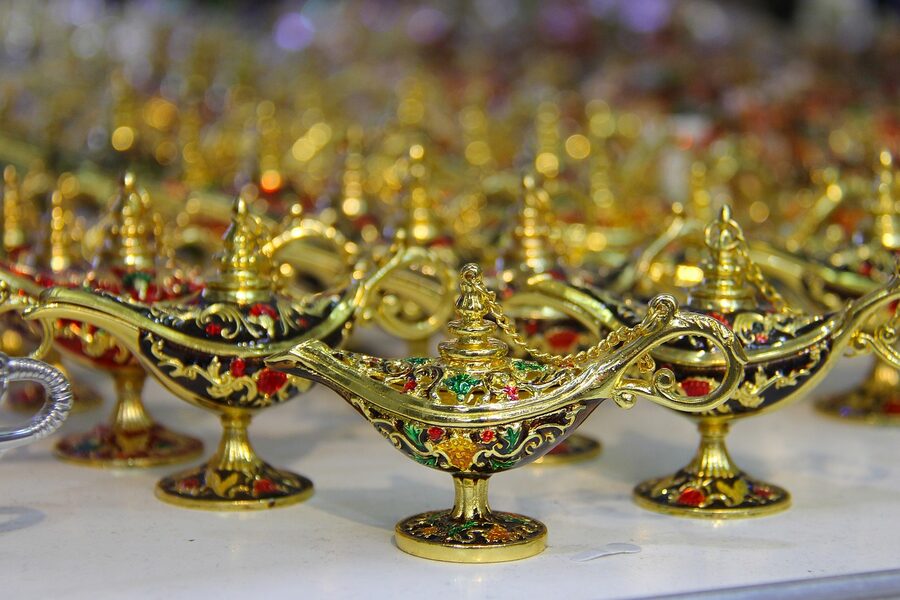 Traditional Dubai Gold Souk market with gold jewelry displays